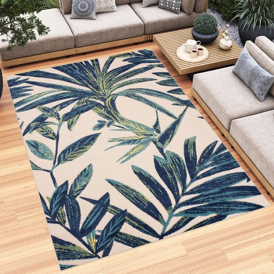 Tapiso Patio Indoor Tapijt Beige Blauw Tuintapijt Buitenkleed Planten Maat- 120x170