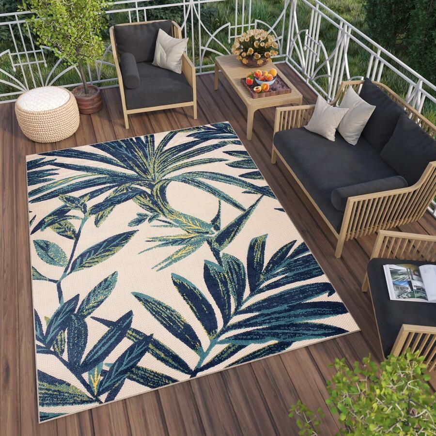 Tapiso Patio Indoor Tapijt Beige Blauw Tuintapijt Buitenkleed Planten Maat- 140x200