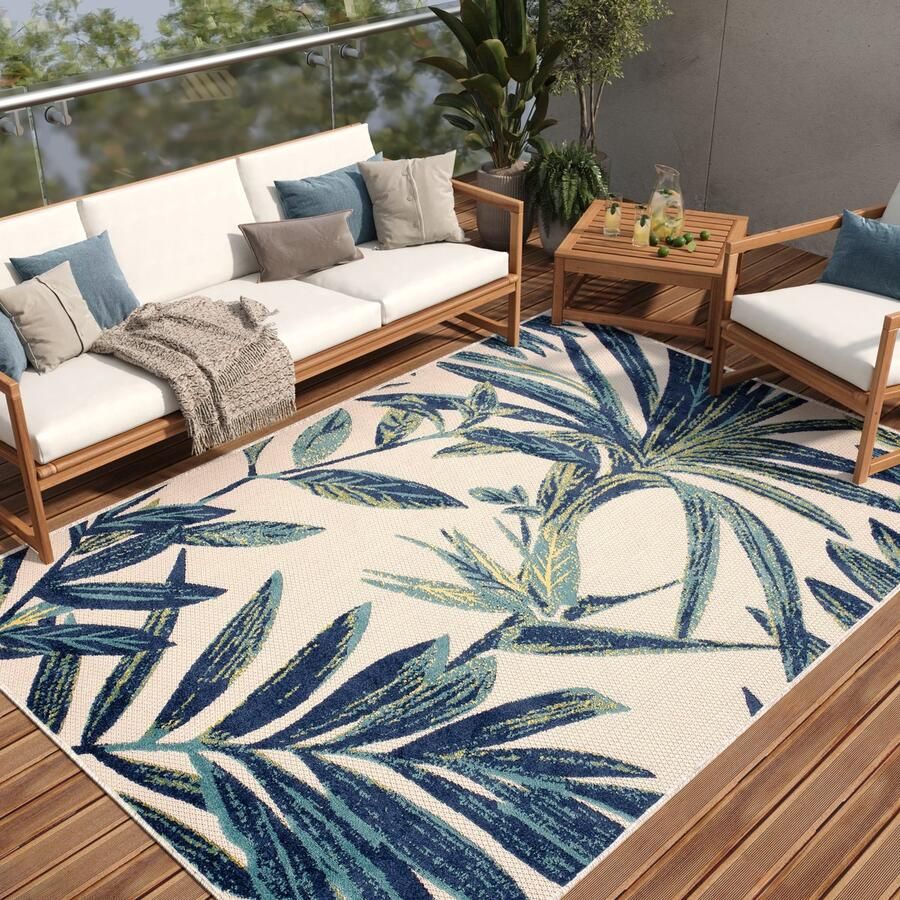 Tapiso Patio Indoor Tapijt Beige Blauw Tuintapijt Buitenkleed Planten Maat- 200x300
