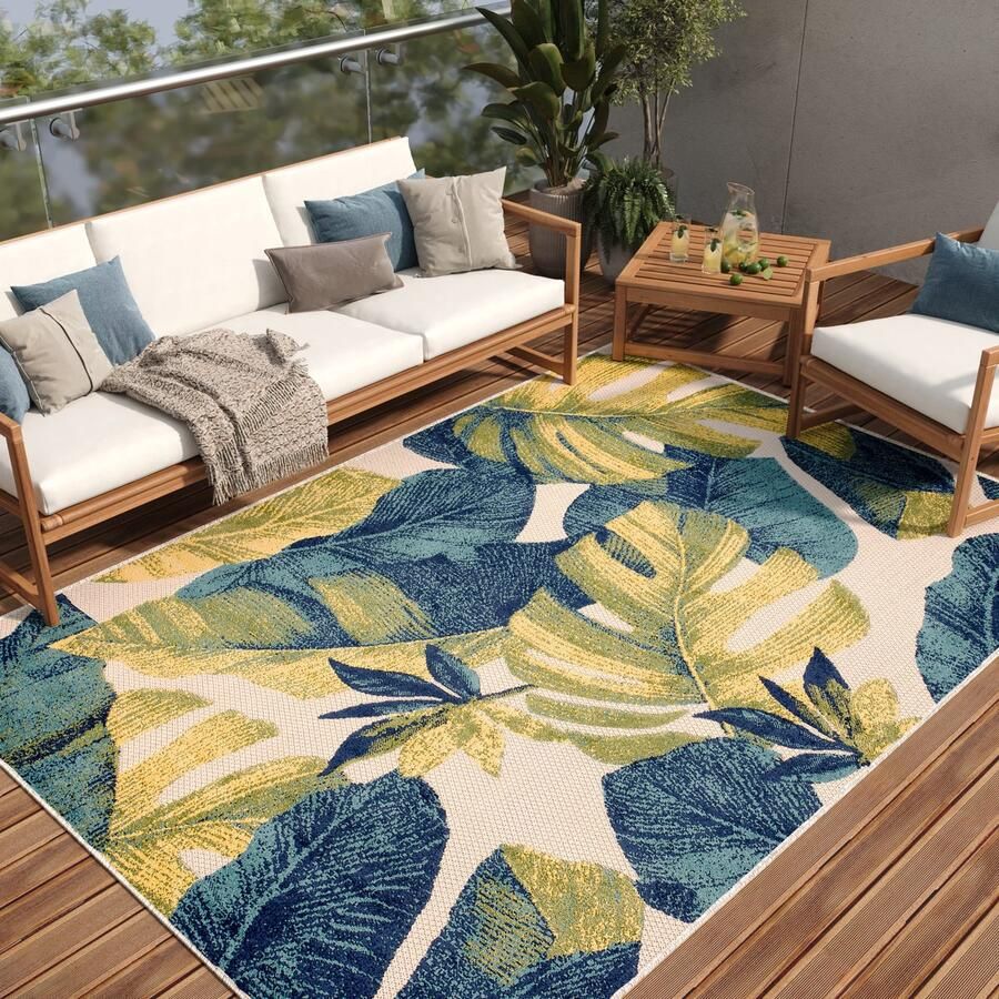 Tapiso Patio Indoor Tapijt Tuintapijt Blauw Buiten Buitenkleed Planten Maat- 120x170