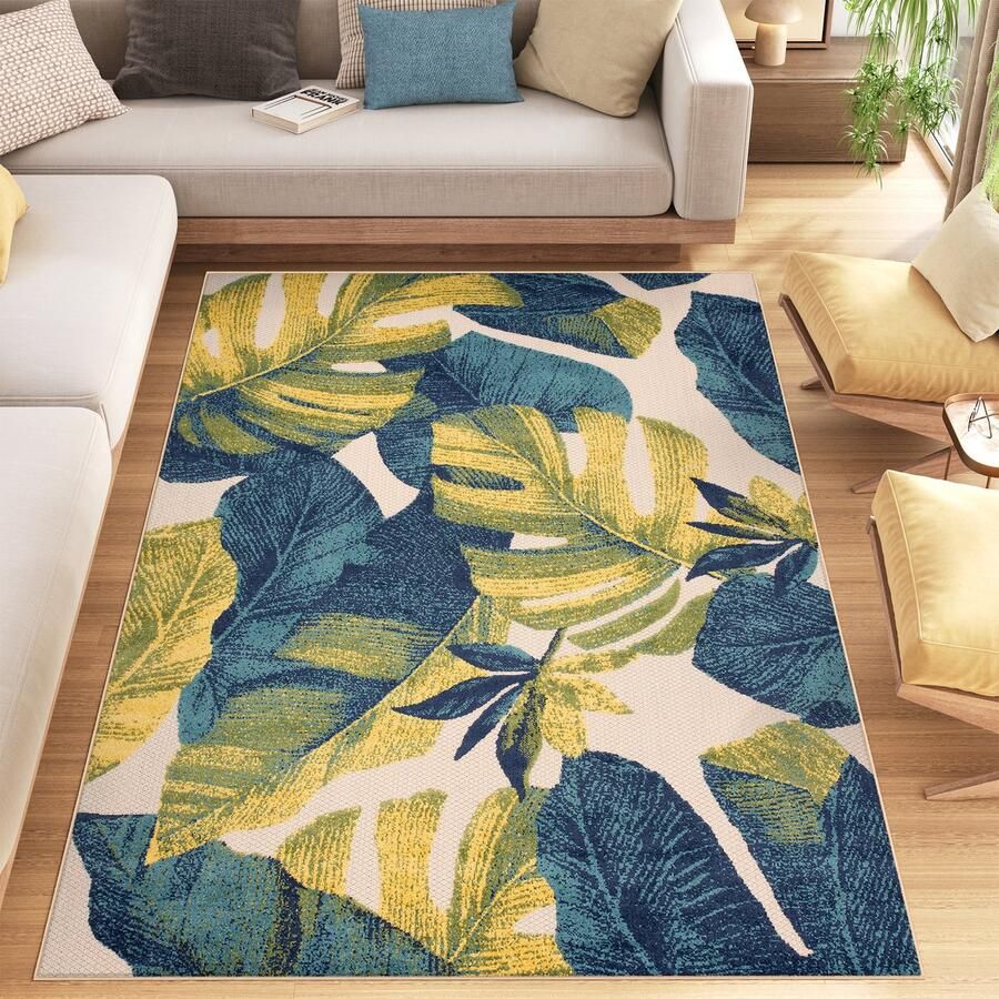 Tapiso Patio Indoor Tapijt Tuintapijt Blauw Buiten Buitenkleed Planten Maat- 140x200