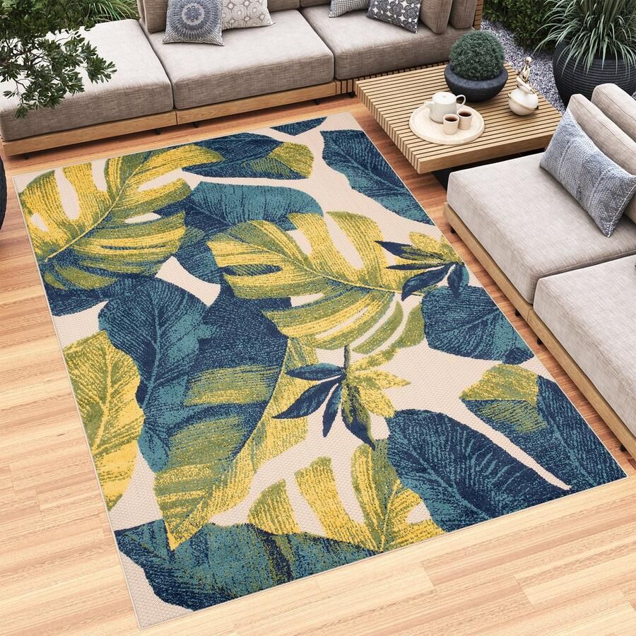 Tapiso Patio Indoor Tapijt Tuintapijt Blauw Buiten Buitenkleed Planten Maat- 200x300