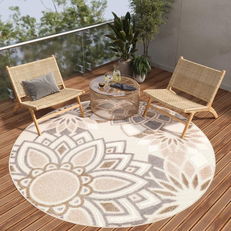 Tapiso Patio Rond Vloerkleed Balkon Terras Tuin Beige Outdoor Tapijt Maat- 160x160