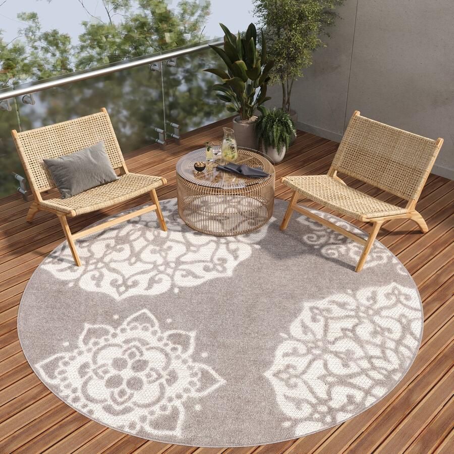 Tapiso Patio Rond Vloerkleed Balkon Terras Tuin Grijs Beige Outdoor Tapijt Maat- 200x200