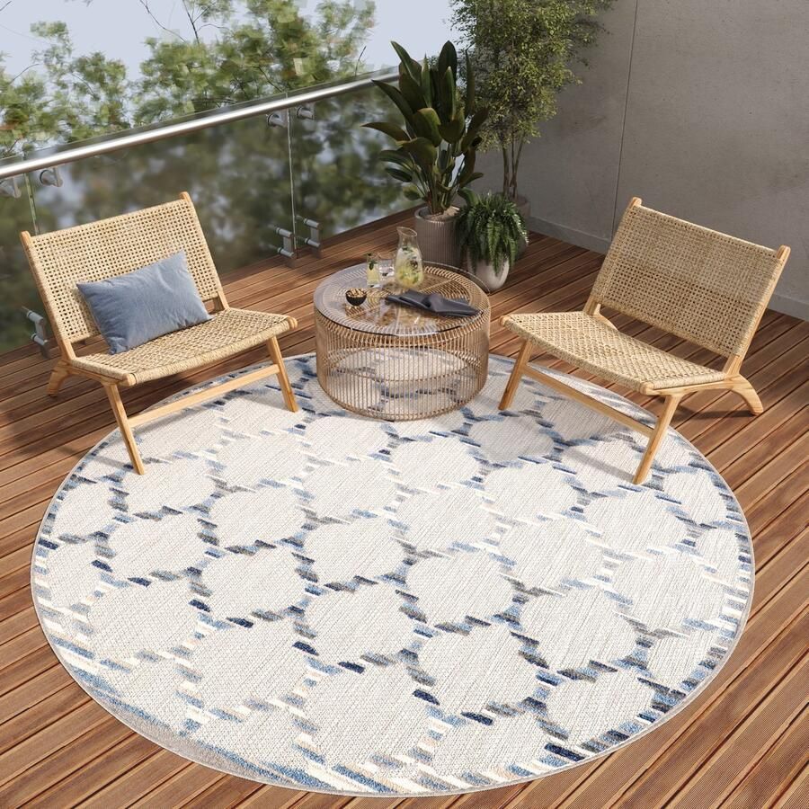 Tapiso Patio Rond Vloerkleed Balkon Terras Tuin Grijs Blauw Trellis Outdoor Tapijt Maat- 80x80