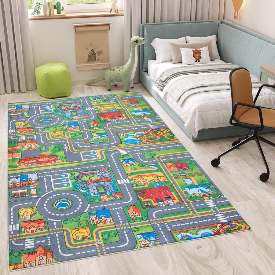 Tapiso Flannel Printed Kindertapijt Antislip Straat Grijs Kinderkamer Vloerkleed Maat- 140x200