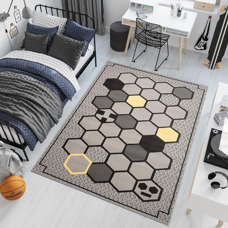 Tapiso Patras Vloerkleed Grijs Geel Zwart Jeugdkamer Kinderkamer Kleed Tapijt Maat- 160x220