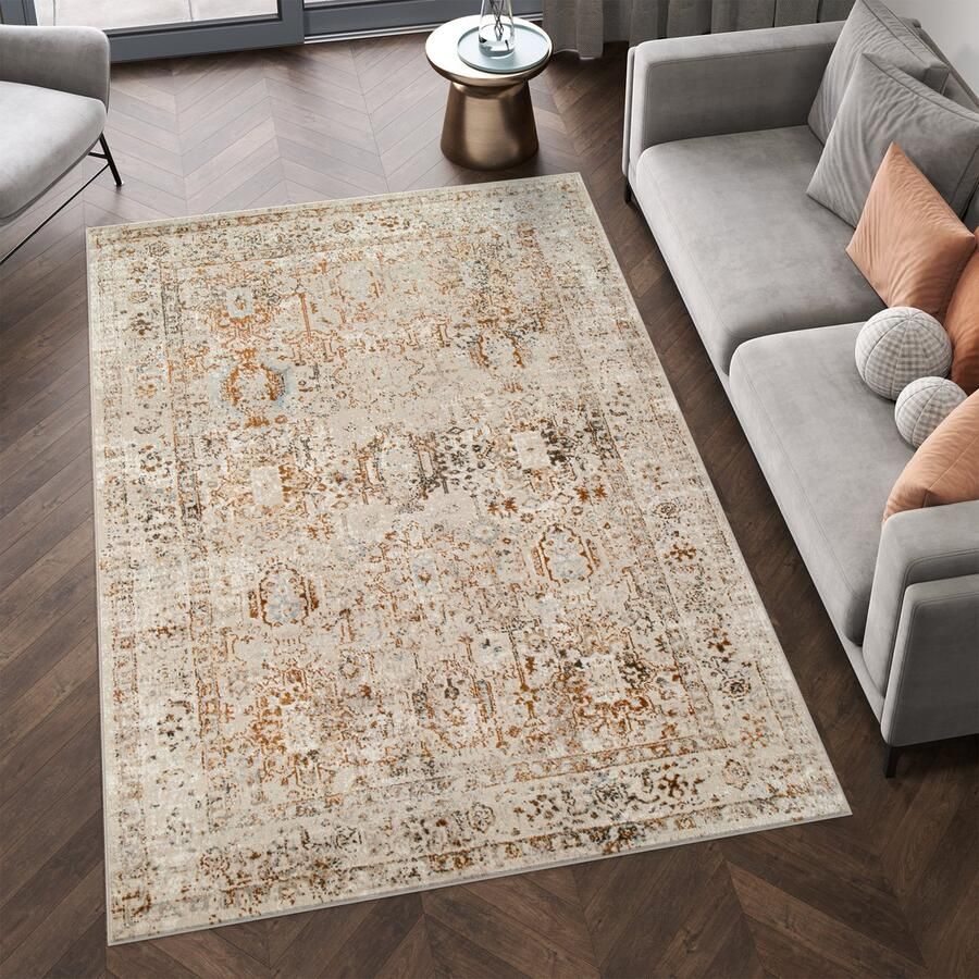 Tapiso Retro Vloerkleed Beige Bruin Vintage Woonkamer Laagpolig Tapijt Maat- 160x220