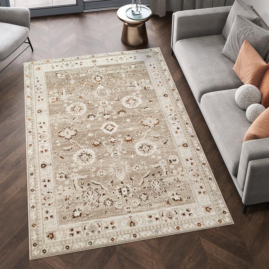 Tapiso Retro Vloerkleed Beige Vintage Laagpolig Woonkamer Tapijt Maat- 200x300