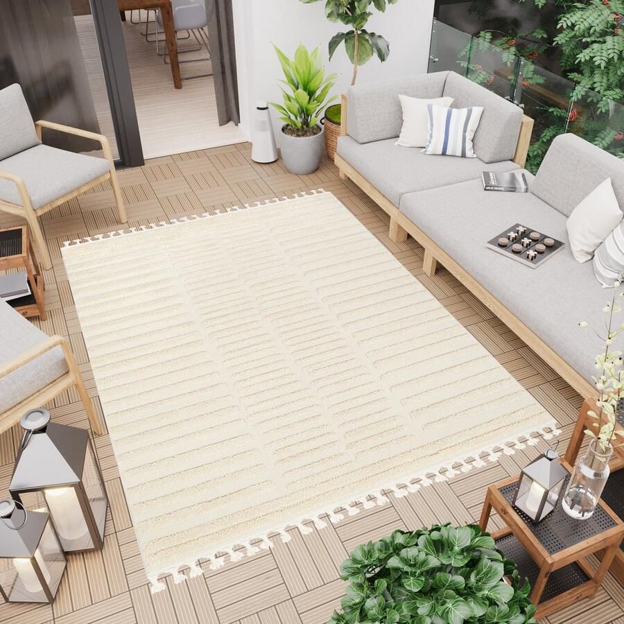 Tapiso Rio Loop Vloerkleed Outdoor Beige Lijnen Buiten Modern Terras Tuin Franjes Maat- 200x300