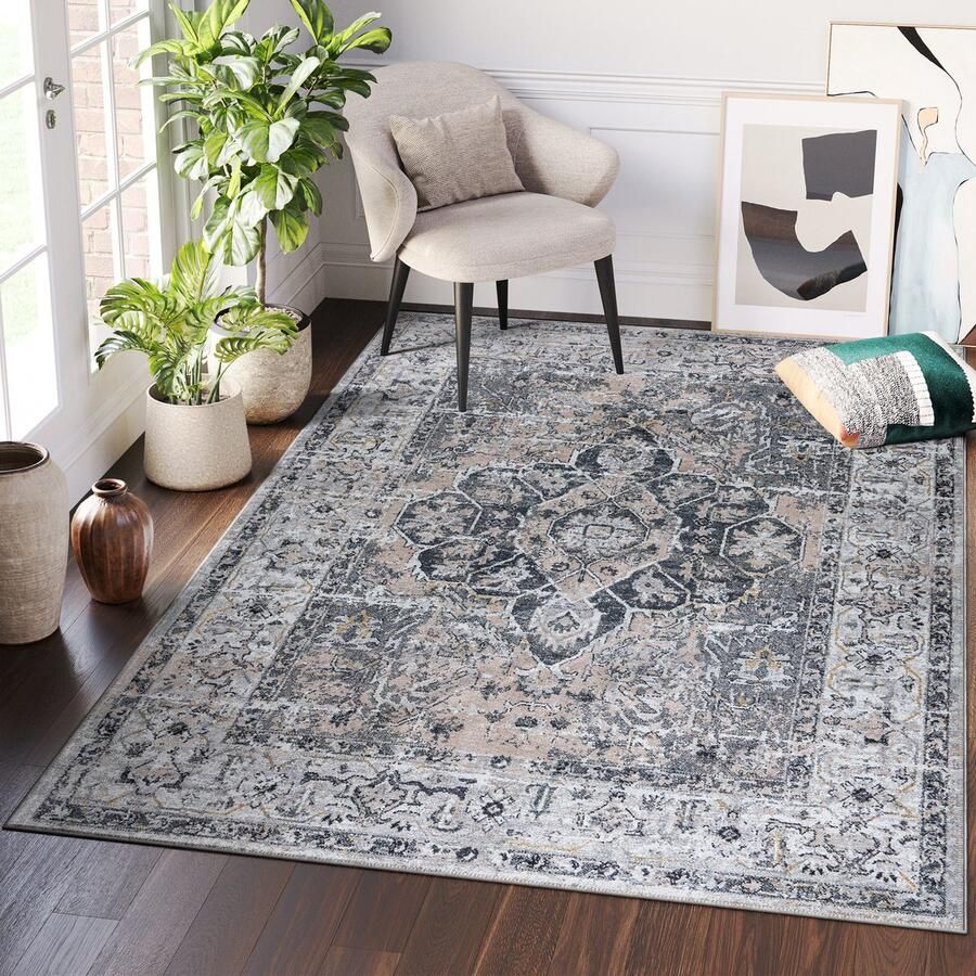 Tapiso Ritz Vloerkleed Grijs Katoen Antislip Vintage Slaapkamer Tapijt Maat- 200x300