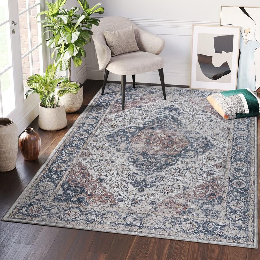 Tapiso Ritz Vloerkleed Grijs Katoen Antislip Vintage Woonkamer Frame Tapijt Maat- 200x300