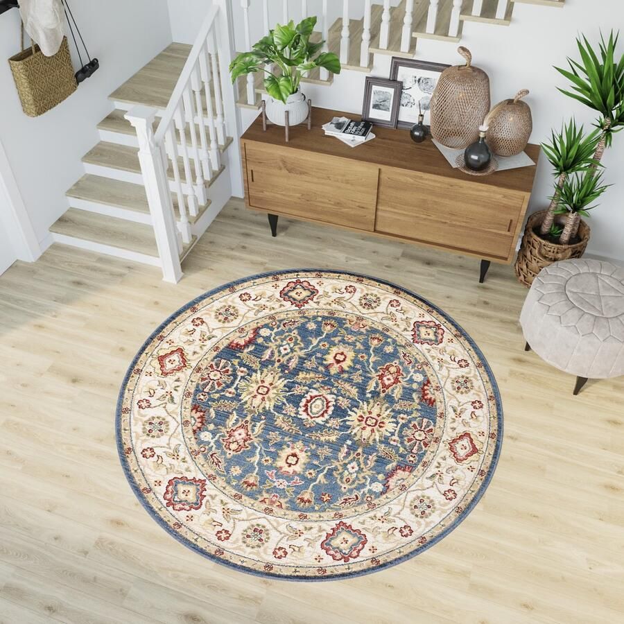 Tapiso Rivoli Vloerkleed Rond Blauw Beige Tapijt Maat- 170x170