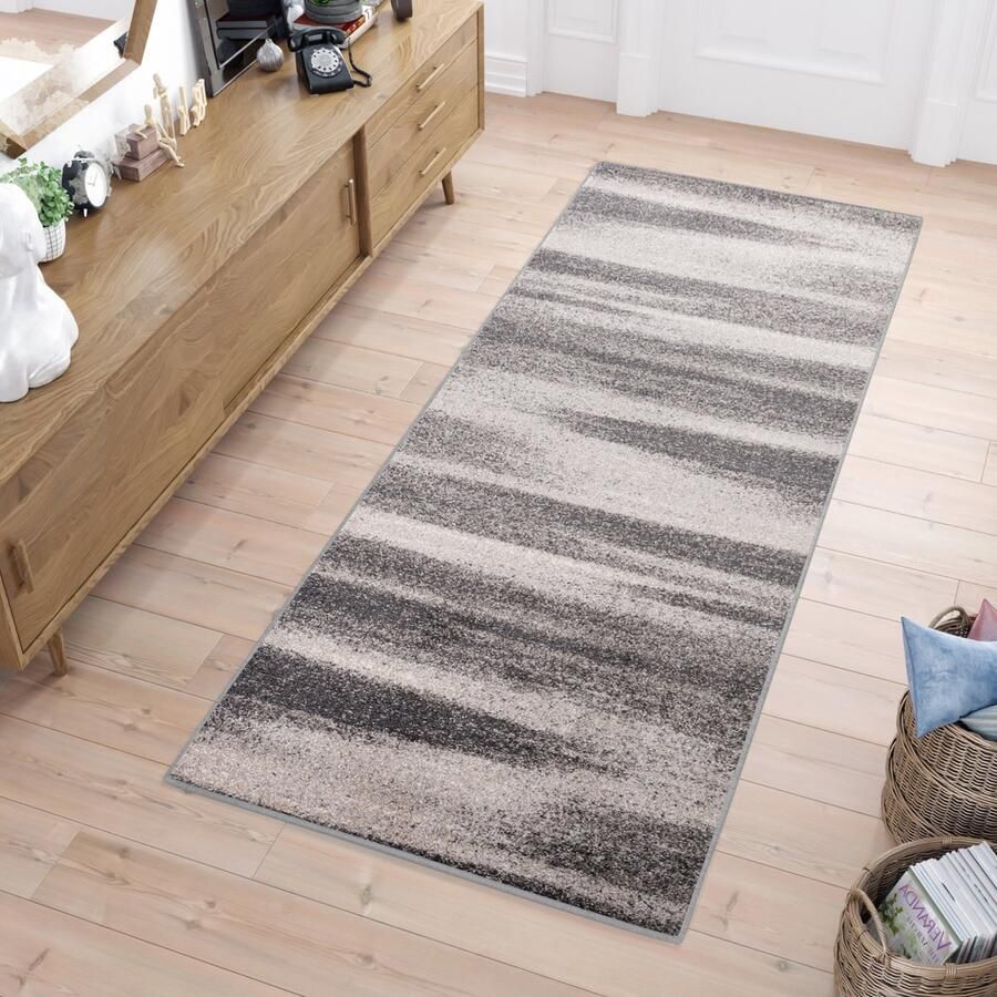 Tapiso Sari Tapijt Loper Grijs Gestreept Woonkamer Hal Slaapkamer Maat- 90x1150