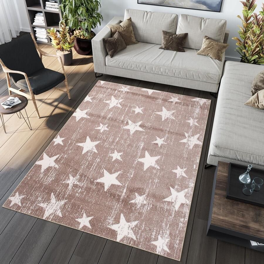 Tapiso Sari Vloerkleed Woonkamer Slaapkamer Laagpolig Beige Sterren Modern Design Interieur Sfeervol Hoogwaardig Tapijt x 150 cm
