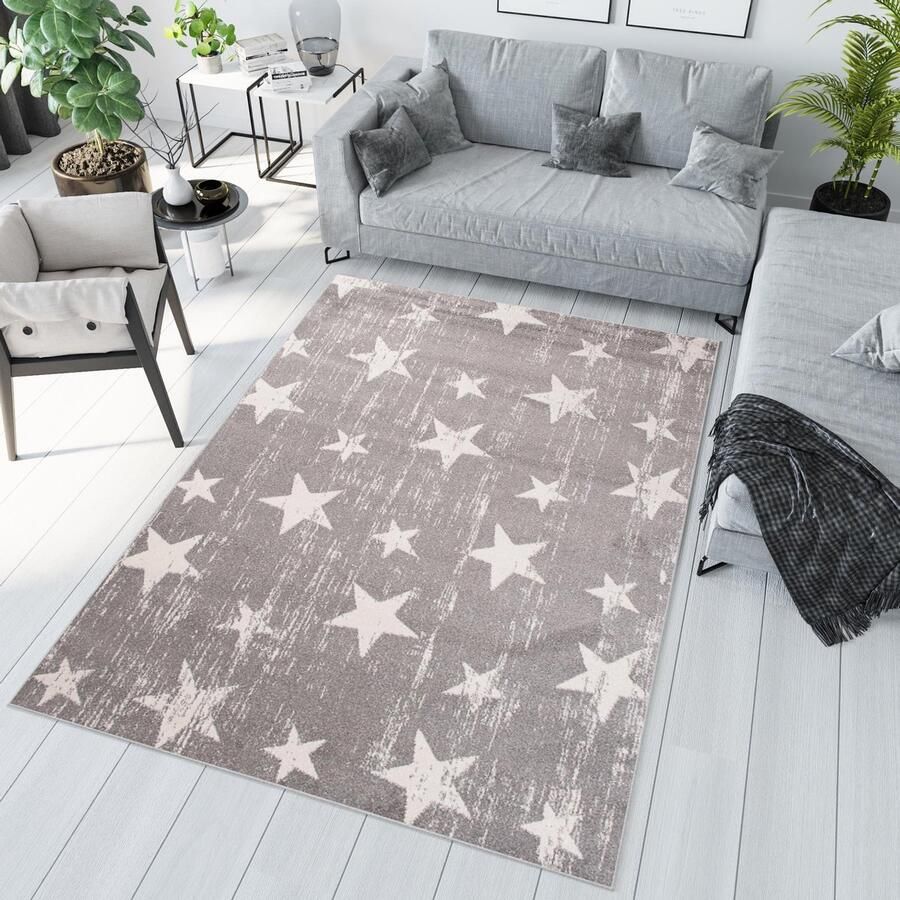 Tapiso Sari Vloerkleed Woonkamer Slaapkamer Laagpolig Grijs Creme Sterren Modern Design Interieur Sfeervol Hoogwaardig Tapijt x 290 cm