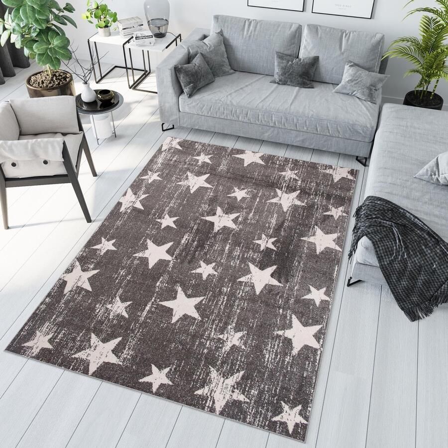 Tapiso Sari Vloerkleed Woonkamer Slaapkamer Laagpolig Donkergrijs Sterren Modern Design Interieur Sfeervol Hoogwaardig Tapijt x 150 cm