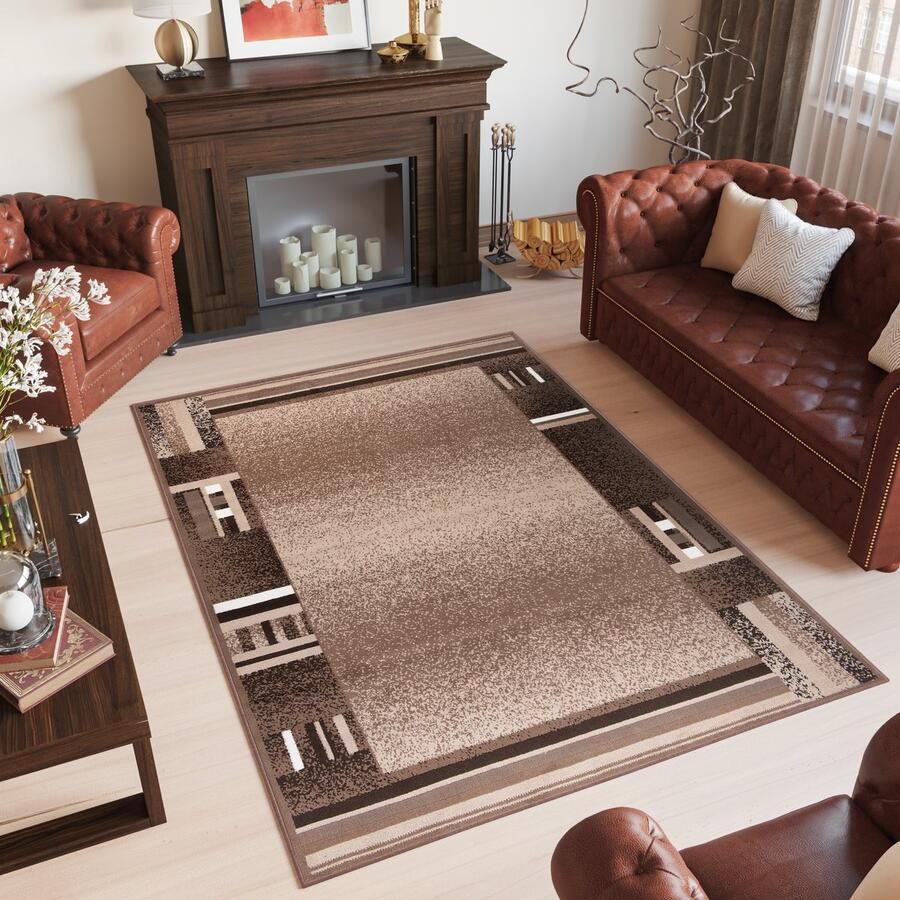 Tapiso Scarlet Deluxe Vloerkleed Bruin Beige Frame Tapijt Maat- 200x300