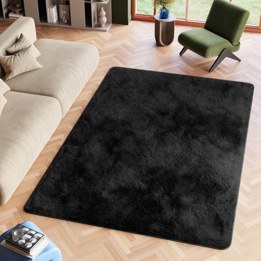 Tapiso Silk Vloerkleed Zwart Antraciet Hoogpolig Shaggy Fluffy Tapijt Maat- 200x300