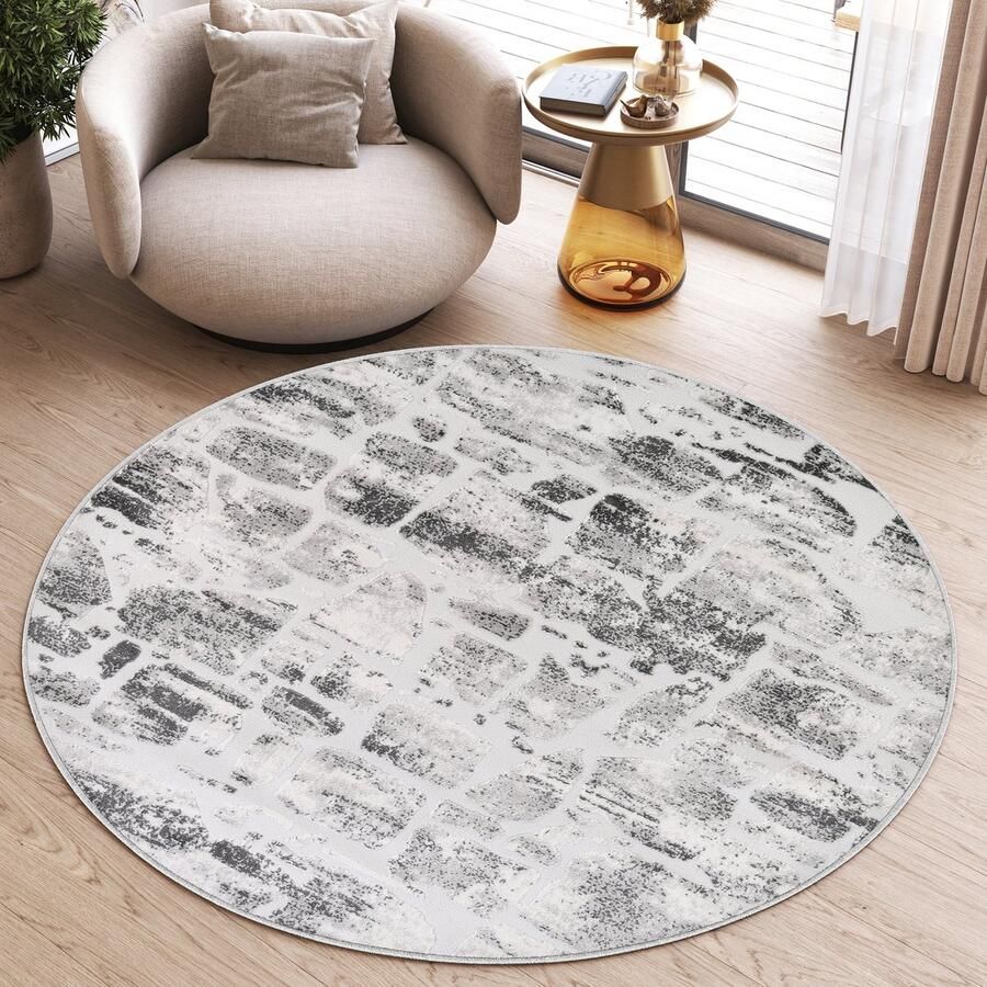Tapiso Sky Rond Vloerkleed Hoogpolig Grijs Abstract Woonkamer Tapijt Maat- 100x100