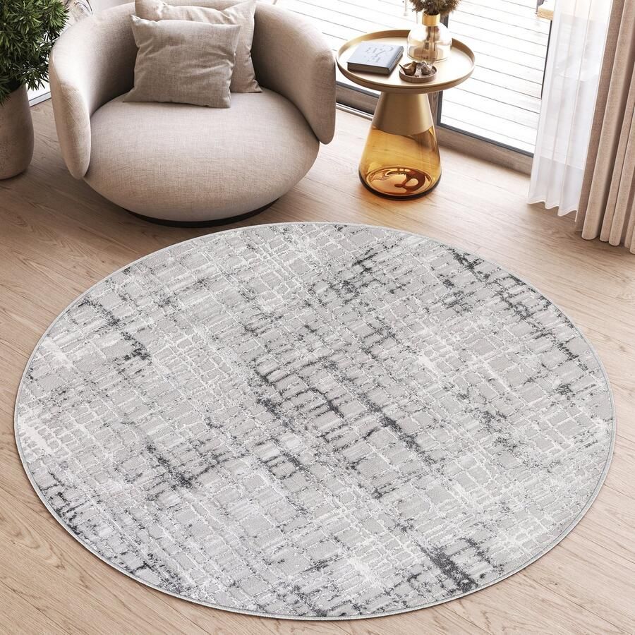 Tapiso Sky Rond Vloerkleed Hoogpolig Grijs Geruit Woonkamer Tapijt Maat- 80x80