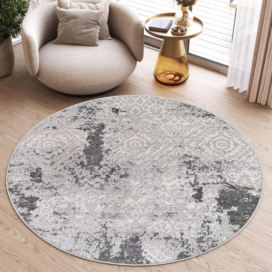 Tapiso Sky Rond Vloerkleed Hoogpolig Grijs Vintage Woonkamer Tapijt Maat- 200x200