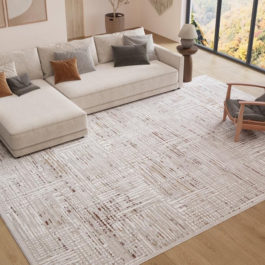Tapiso Trend Tapijt Kortpolig Modern Tapijt Hoge Kwaliteit Elegant Woonkamer Tapijt in Crème Beige met Bruin Grijs Strepen Blurred- Easy Care Tapijt OEKO-TEX 200x300