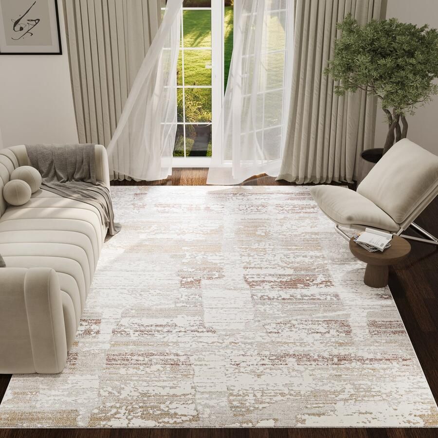 Tapiso Trend Tapijt Laagpolig Modern Tapijt Hoge Kwaliteit Elegant Woonkamer Tapijt in Crème Beige met Bruin Vierkanten Abstract Easy-Care Tapijt OEKO-TEX 200x300