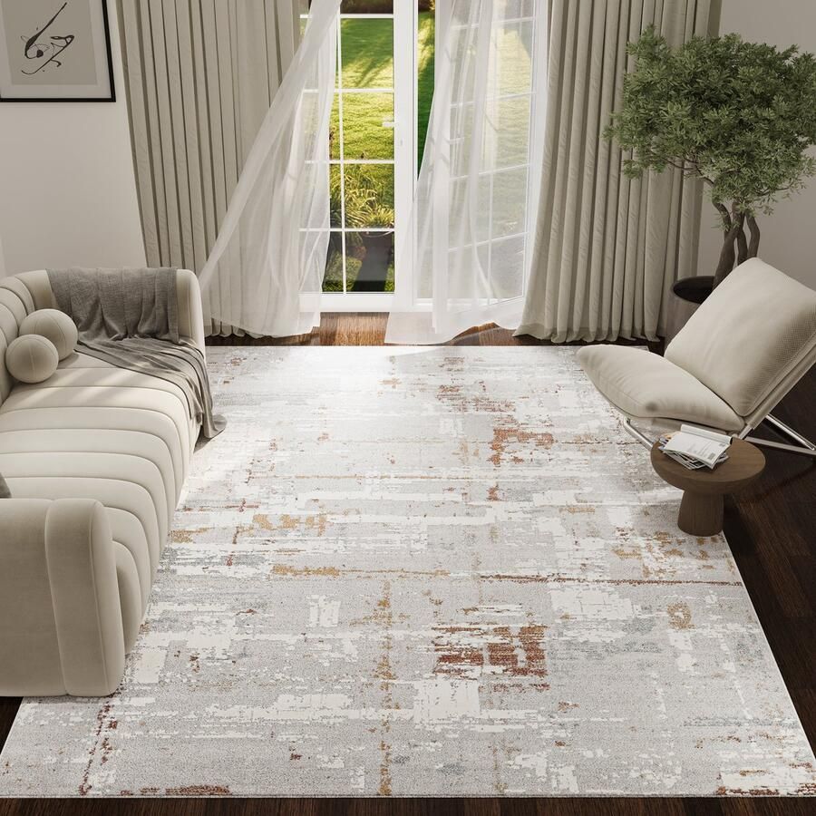 Tapiso Trend Tapijt Laagpolig Modern Tapijt Hoge Kwaliteit Elegant Woonkamer Tapijt in Grijs Crème met Bruin Abstract Patroon Easy-Care Tapijt OEKO-TEX 120x170