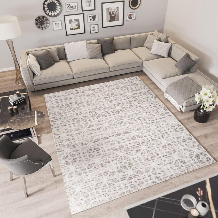 Tapiso Troya Vloerkleed Woonkamer Slaapkamer Grijs Lijnen Geometrische Vormen Design Eyecatcher Interieur Stijlvol Woonsfeer Modern Trendy Duurzaam Hoogwaardig Tapijt Maat 120x170