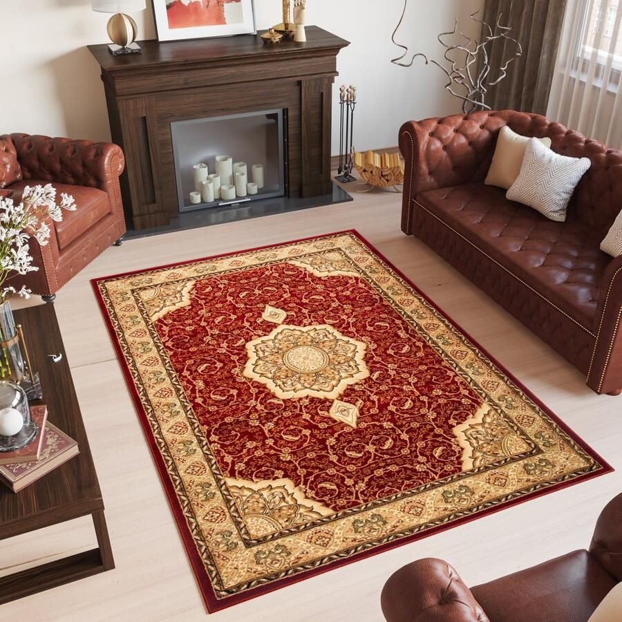 Tapiso Yesemek Vloerkleed Rood Traditioneel Vintage Frame Medaillon Design Woonkamer Slaapkamer Tapijt Maat 200x300