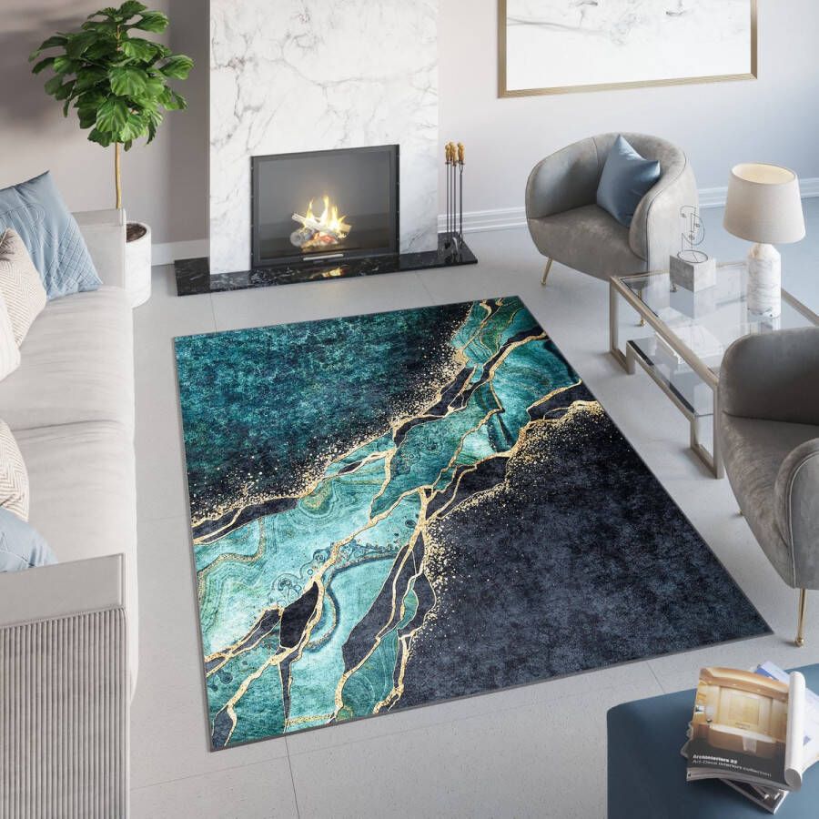 Tapiso Toscana Vloerkleed Abstract Donker Groen Gouden Tapijt Maat- 200x300