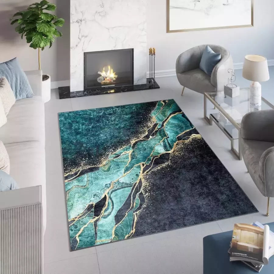 Tapiso Toscana Vloerkleed Abstract Donker Groen Gouden Tapijt Maat- 80x150