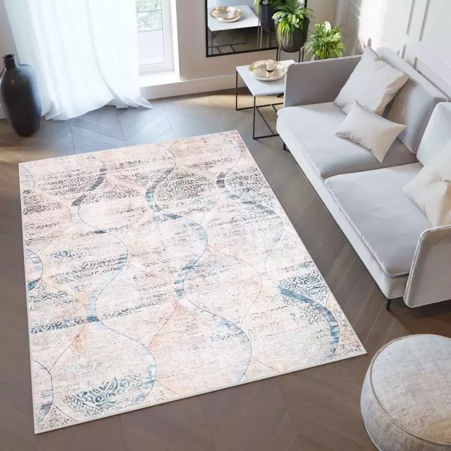 Tapiso Toscana Vloerkleed Vintage Blauw Beige Ornamenten Tapijt Maat- 80x150