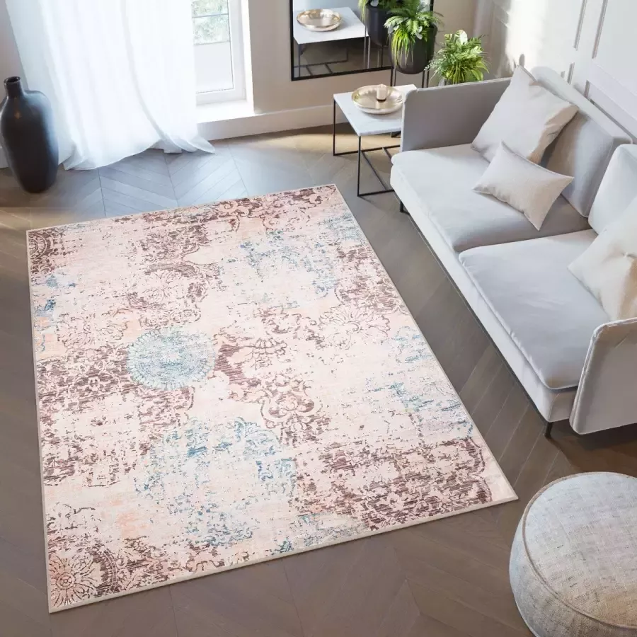 Tapiso Toscana Vloerkleed Vintage Blauw Beige Woonkamer Tapijt Maat- 80x150