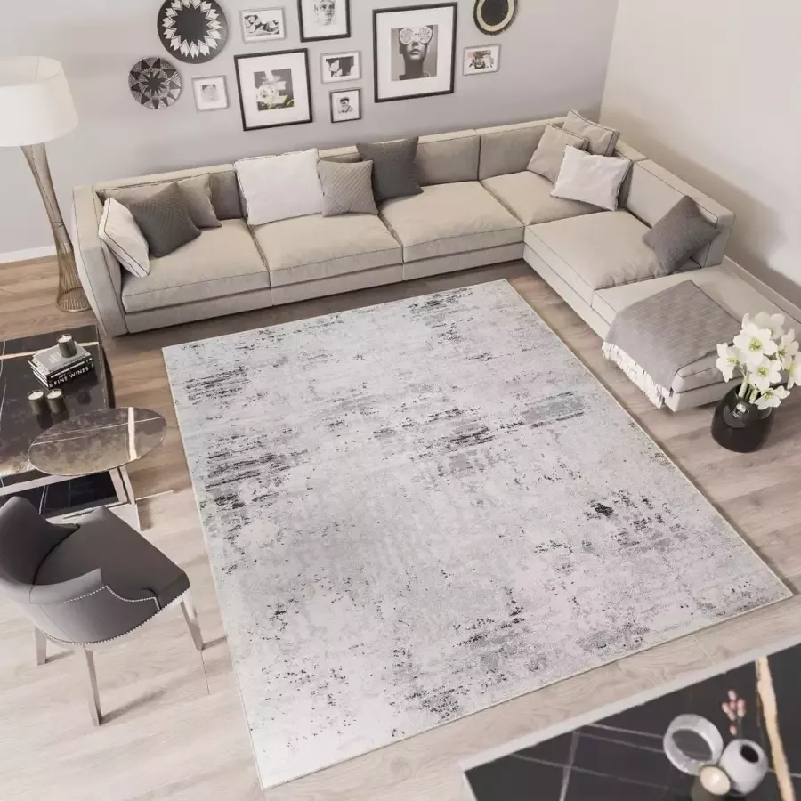 Tapiso Troya Vloerkleed Woonkamer Slaapkamer Grijs Vintage Lijnen Design Eyecatcher Interieur Stijlvol Woonsfeer Modern Trendy Duurzaam Hoogwaardig Tapijt Maat 120x170