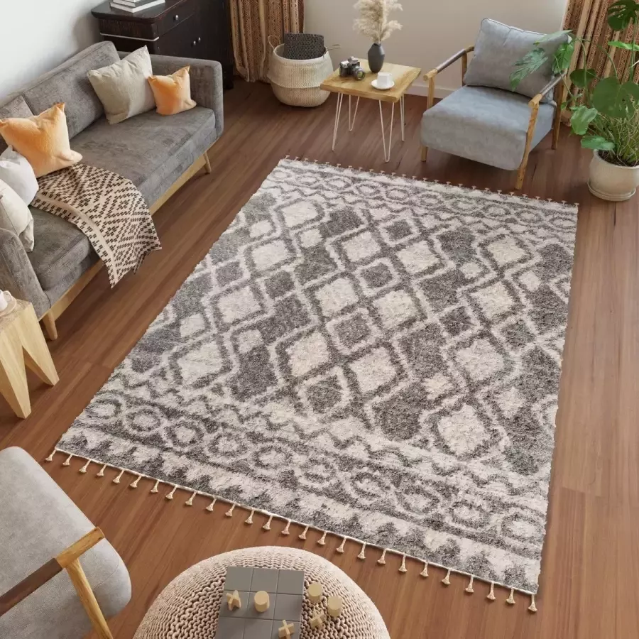 Tapiso Versay Fringes Vloerkleed Boho Hoogpolig Shaggy Tapijt Maat- 140x200