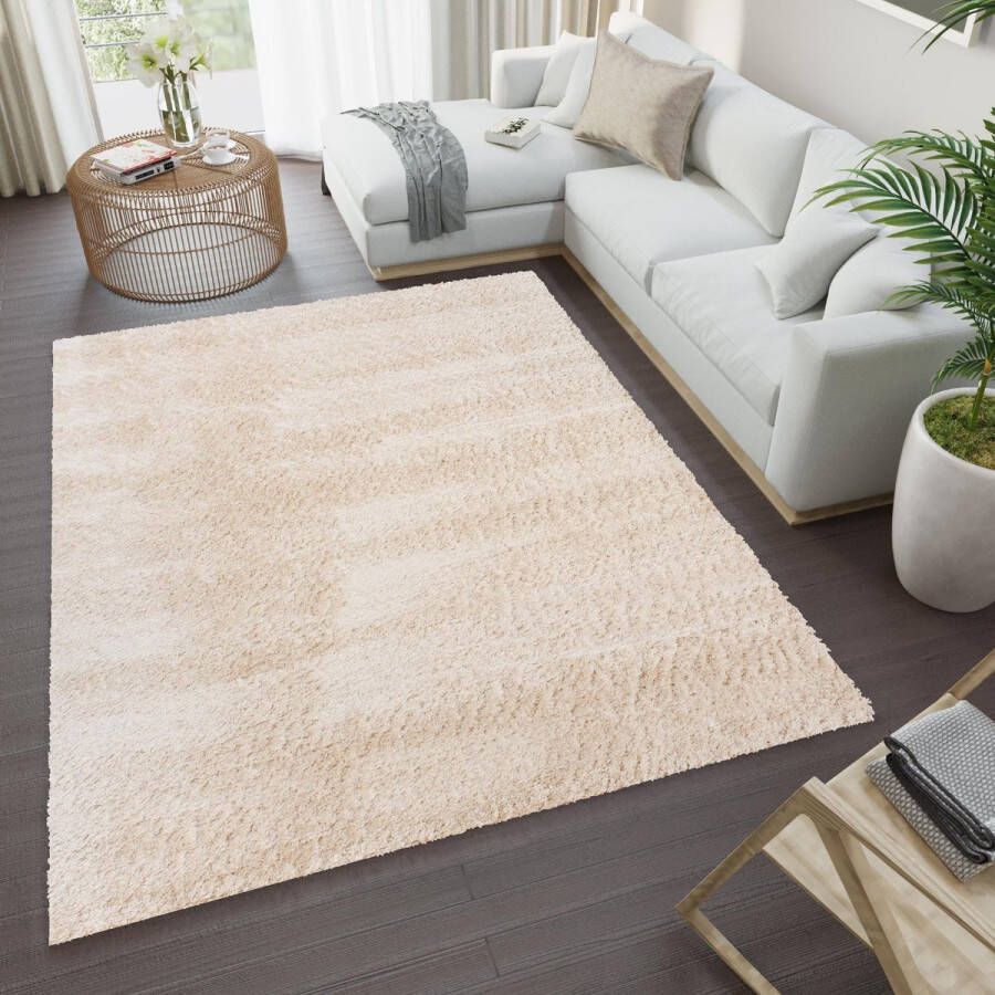 Tapiso Versay Vloerkleed Beige Hoogpolig Shaggy Modern Tapijt Maat- 120x170