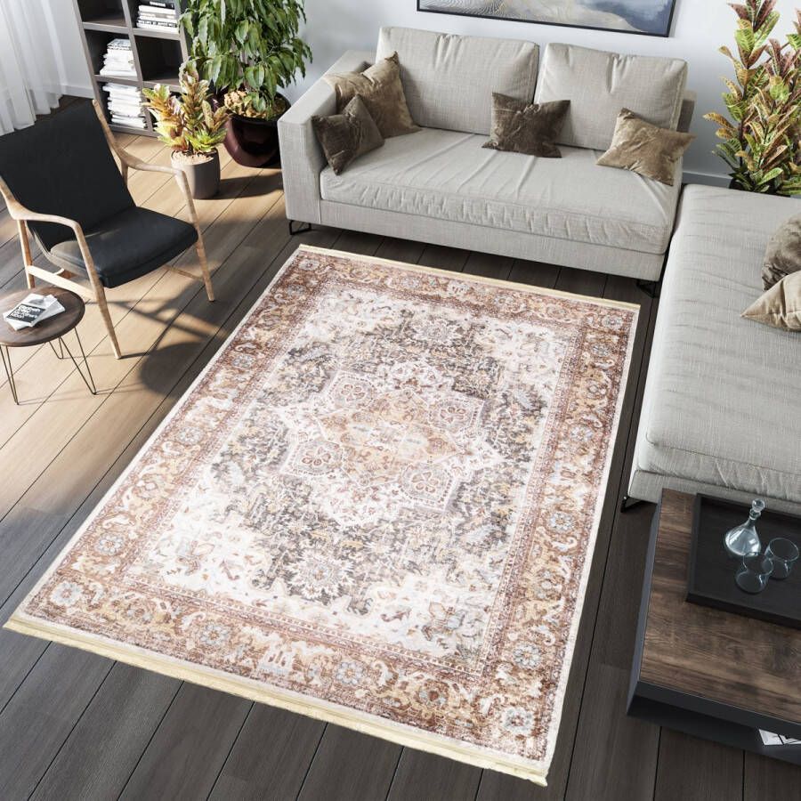 Tapiso Victoria Vloerkleed Antislip Beige Vintage Tapijt Maat- 140x200