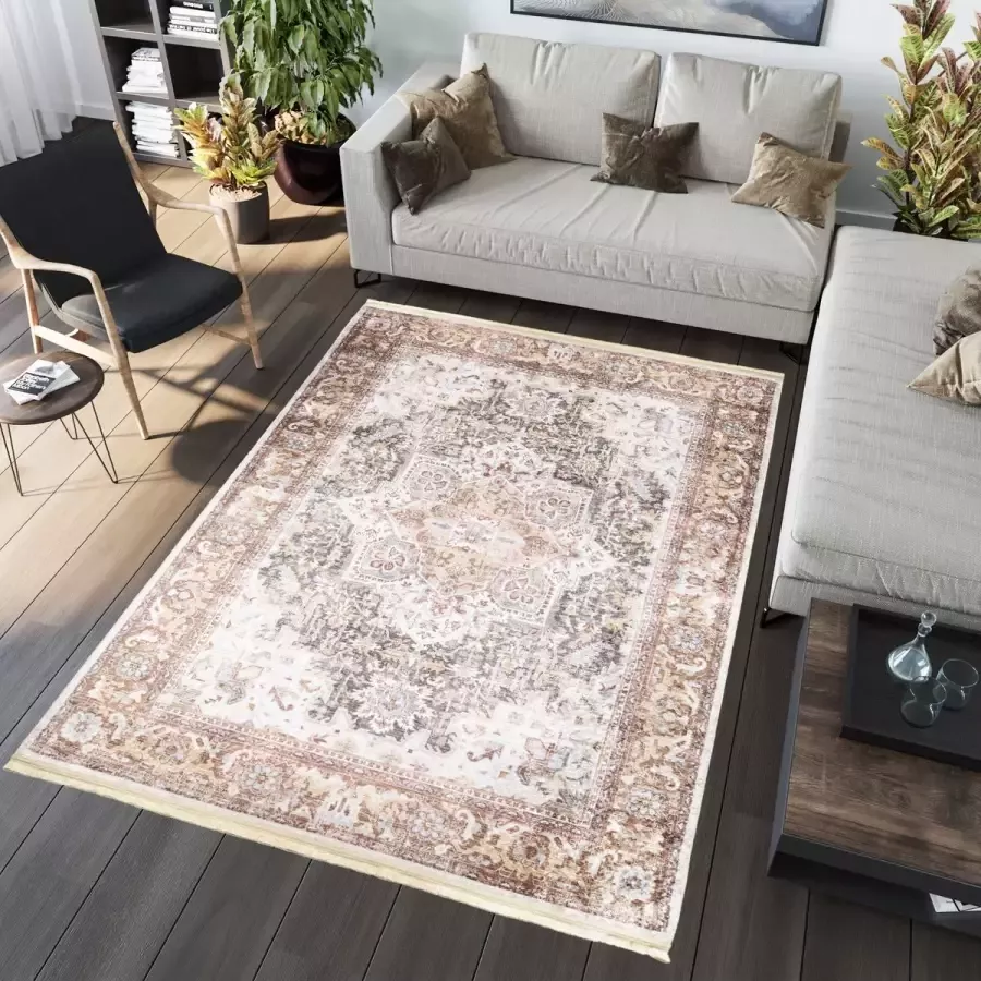 Tapiso Victoria Vloerkleed Antislip Beige Vintage Tapijt Maat- 140x200