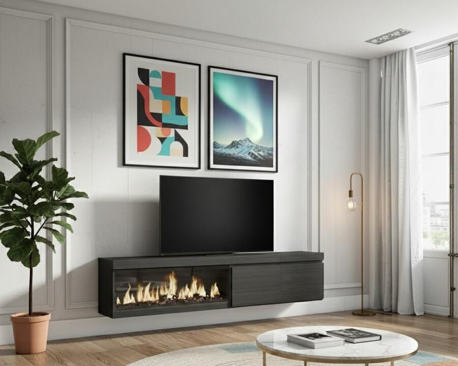 TasalFurniture Elektrisch TV-Meubel met Open Haard Novara – 210 cm – Modern Lowboard voor TV tot 80 inch – Zwart Eiken Design – Luxe Vrijstaande TV-Kast met 3D LED Vlameffect Afstandsbediening & Opslagruimte – Woonkamermeubel
