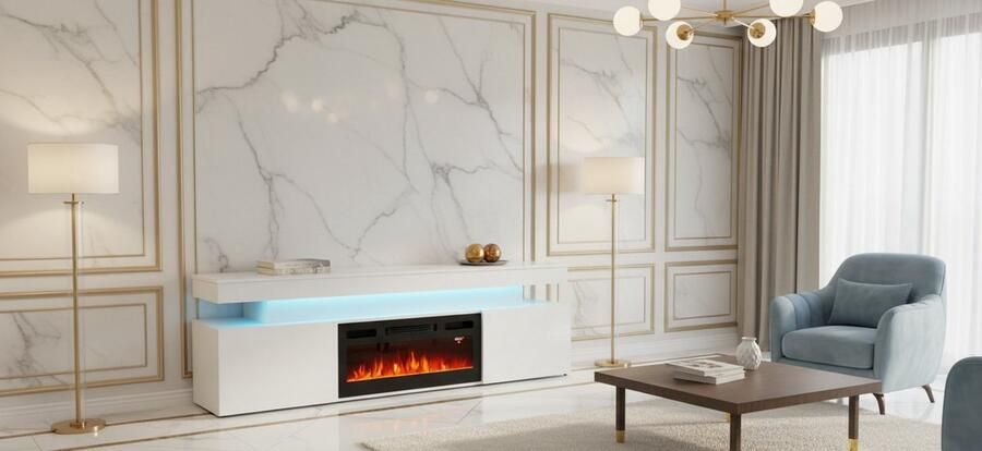 TasalFurniture Elektrische TV-kast met Haard – SereneGlow 2D Lowboard – Wit Hoogglans – 190x41x59 cm – LED-vlammen Greeploos Decoratieve Kristallen Verstelbare Verwarming – Modern TV-meubel voor Woonkamer