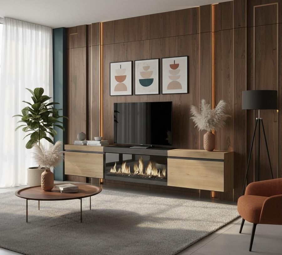 TasalFurniture Elektrische TV-Kast met Open Haard XXL – Hangend Lowboard 267 cm – Modern Design in Zwart Eiken – 3D LED Vuureffect met Afstandsbediening – TV-Meubel met Opbergruimte – Luxora Series