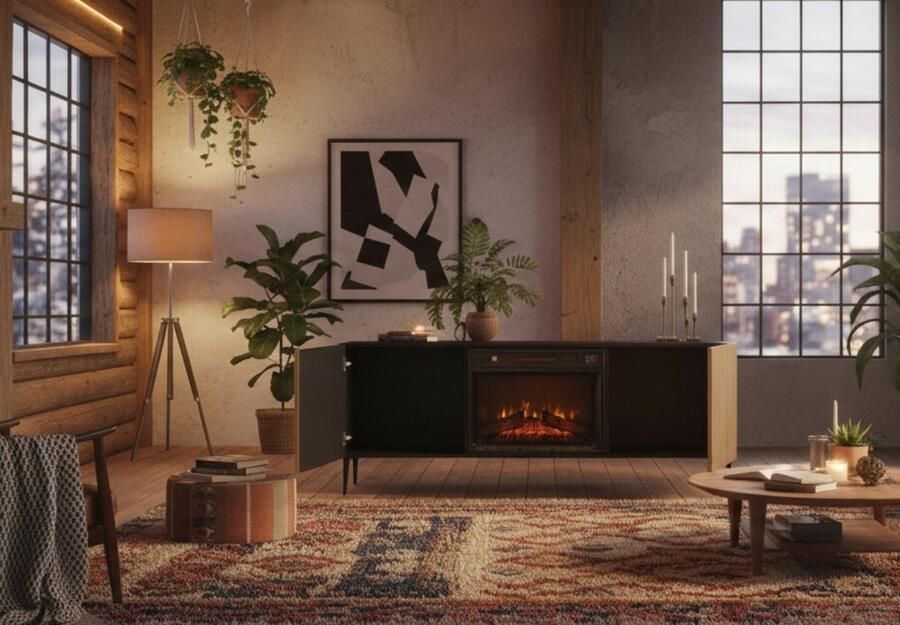 TasalFurniture TV-kast met elektrische haard – FlameEdge 170 cm – Modern design met 2 deuren & 2 planken – Verwarming & vlameffect – Push-to-open systeem – Mat zwart & artisan eiken – Voor woonkamer