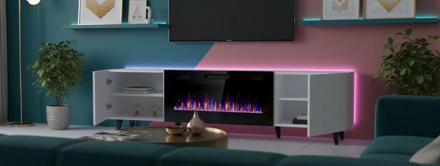 TasalFurniture TV-kast met elektrische haard Pafos Lux – 180x42x49 cm – Modern Lowboard met 2 Deuren & 2 Lades – Wit – Tv-meubel met realistisch vlameffect – Elegant design voor woonkamer