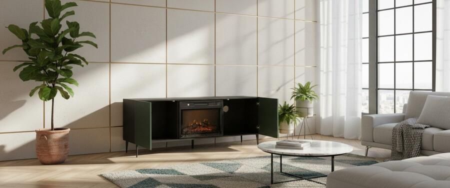 TasalFurniture TV-kast met elektrische haard Ravenna Elite 2D – 170x42x63 cm – Modern design – Zwart Mat & Donkergroen – 2 deuren 2 planken – Push-to-open – LED vlameffect – Metalen poten – TV-meubel voor woonkamer