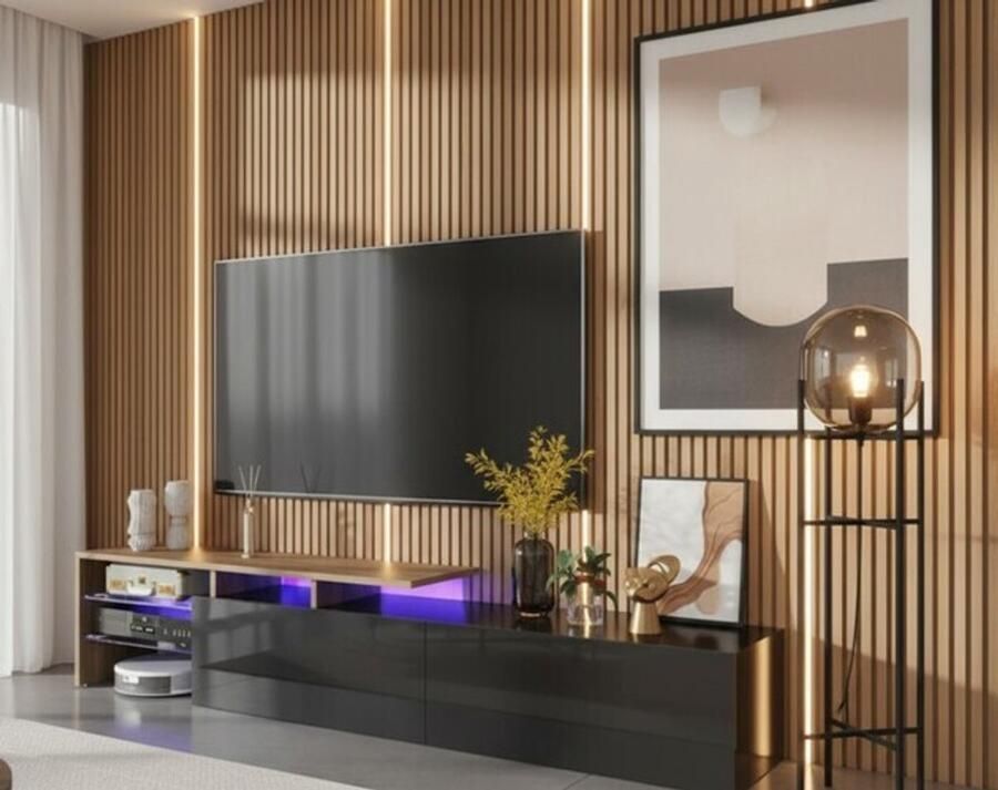 TasalFurniture TV-kast modern Luxora – Lowboard voor 55-75 inch tv – 170 cm lang – TV-meubel met 2 laden glazen planken LED-verlichting 16 kleuren – Zwart & Houtkleur – Woonkamer Slaapkamer Eetkamer