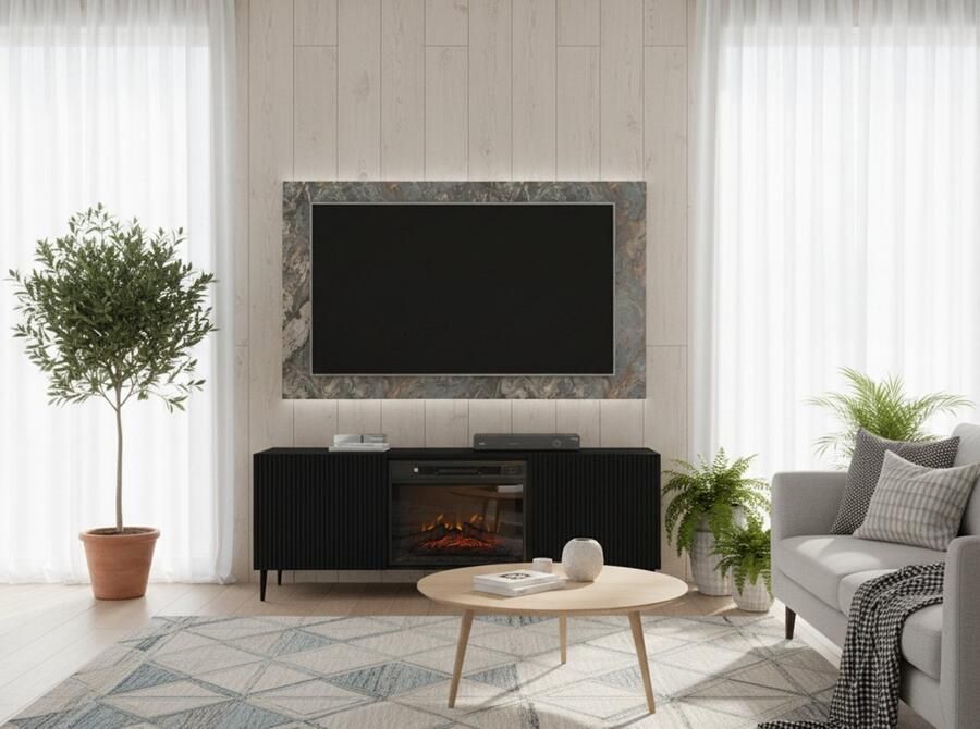 TasalFurniture TV-meubel met elektrische haard – FireLuxe 170 cm – Modern tv-meubel met 2 deuren & 2 planken – Verwarming & vlameffect – Push-to-open systeem – Mat zwart – Voor woonkamer