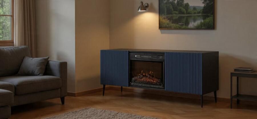 TasalFurniture TV Meubel met Elektrische Haard Ravenna Deluxe 2D – 170x42x63 cm – Modern Design – Flammeneffect – Zwart Mat Donkkerblauw – 2 Deuren – 2 Planken – Push-to-Open – Metalen Poten – TV Kast voor Woonkamer