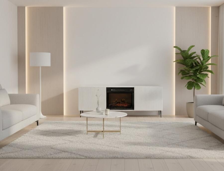 TasalFurniture TV-Meubel met Elektrische Haard Ravenna Lux 170 cm – Modern TV-Kast met Realistische Vlammen Digitale Verwarming 2 Deuren & Opbergplanken – Woonkamer TV Dressoir in Wit Mat met Zwarte Metalen Poten – Push-to-Open Systeem Elegant & S